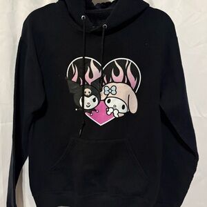 Sanrio Black Hoodie with Pink Heart Flame and Kuromi & My Melody